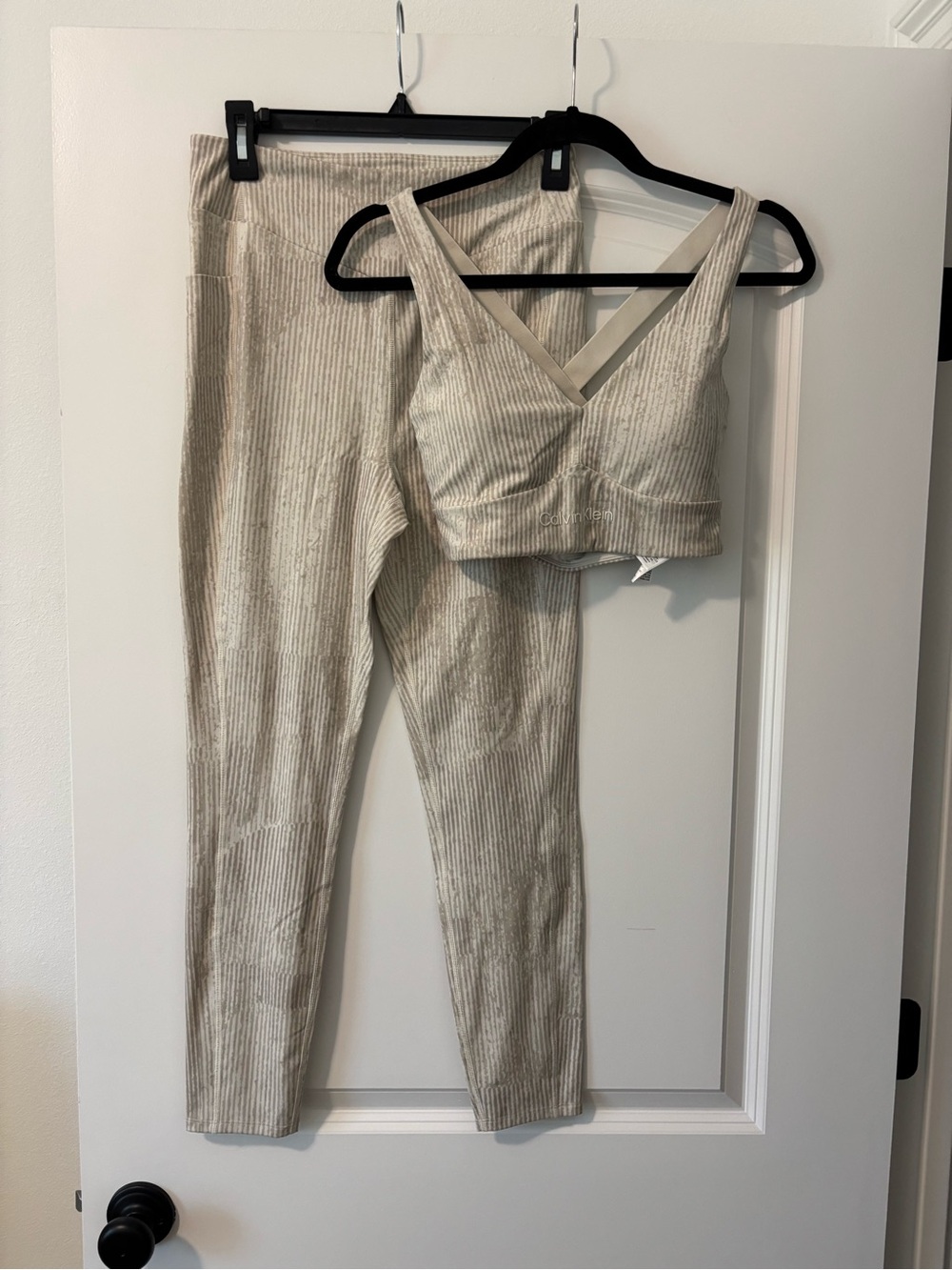 Calvin Klein Ribbed V-Neck Crop Top & High-Waist Leggings Set - Light Beige